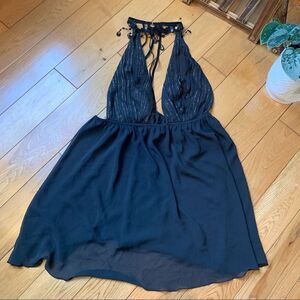 Vintage Victoria secret high neck baby doll black lace sheer sequins gold sz S